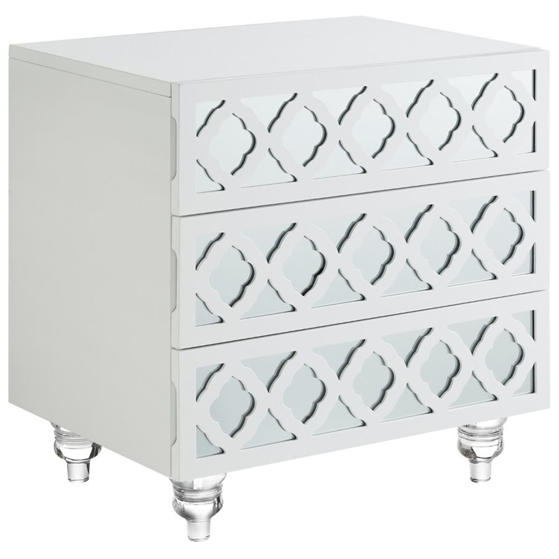 Posh Living Serenity 3-Drawer Mirrored Trellis Pattern Nightstand in White