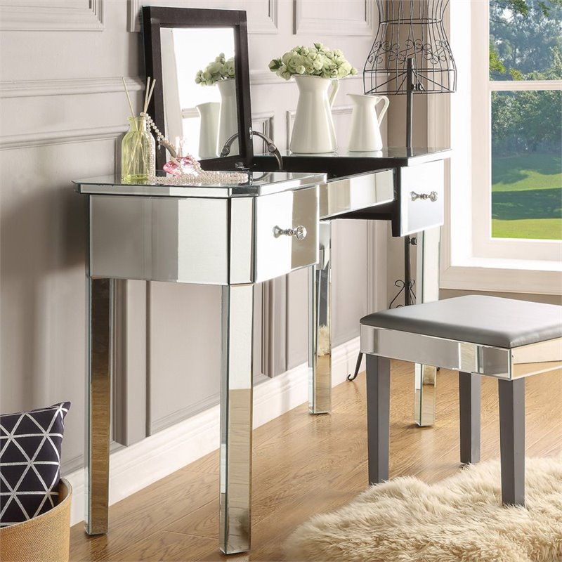 Posh Living Rylee Mirrored Bedroom Vanity with Lift-up Top Jewelry Holder Black