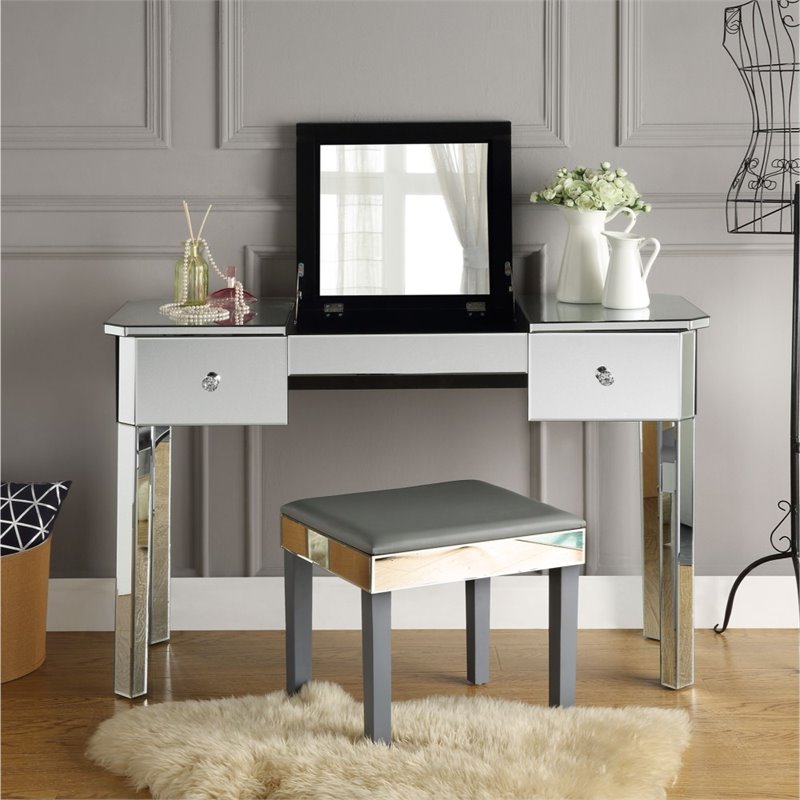 Posh Living Rylee Mirrored Bedroom Vanity with Lift-up Top Jewelry Holder Black