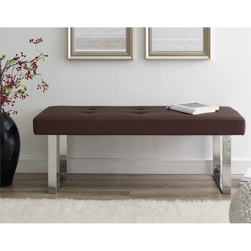 Posh Living Myles Faux Leather Bench with Stainless Steel Legs in Brown/Chrome
