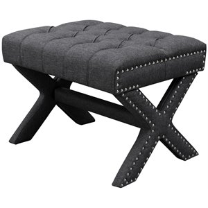 Posh Living Hazel Linen Fabric X-Base Ottoman with Nailhead Trim in Dark Gray