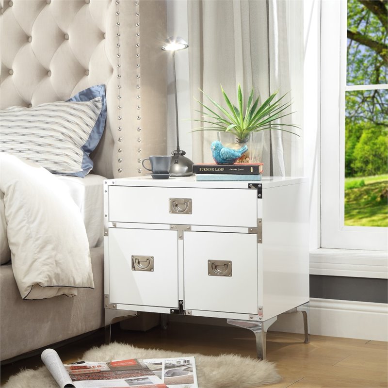 Posh Living Aubree 1-Drawer Nightstand with Corner Brackets in White/Chrome