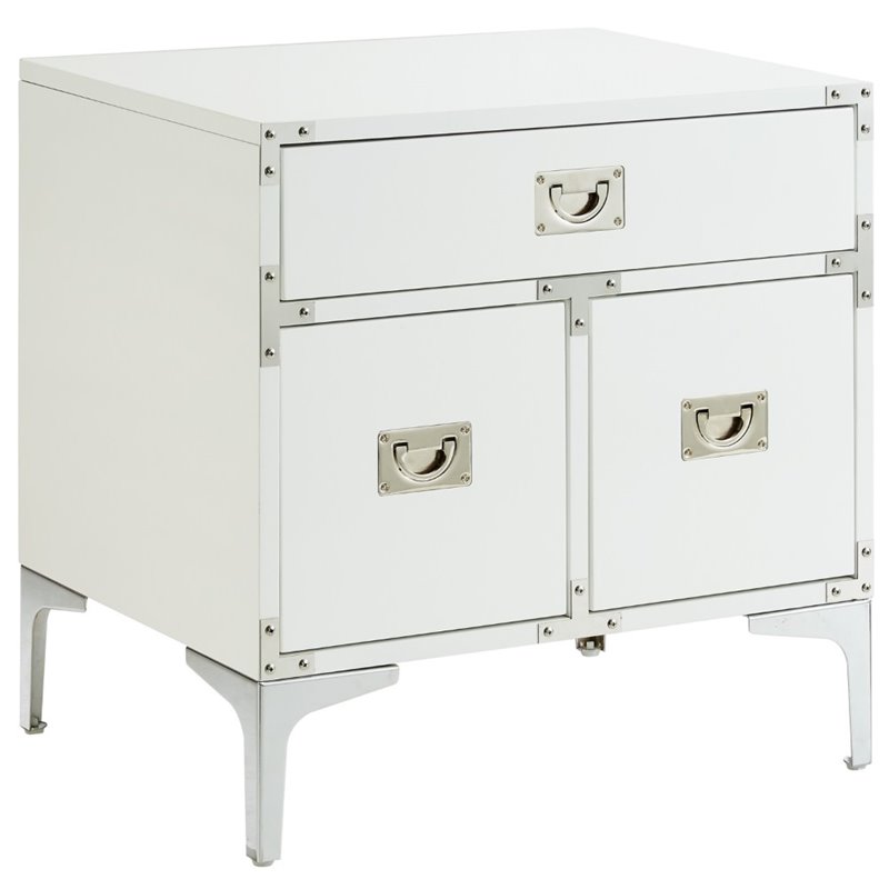 Posh Living Aubree 1-Drawer Nightstand with Corner Brackets in White/Chrome