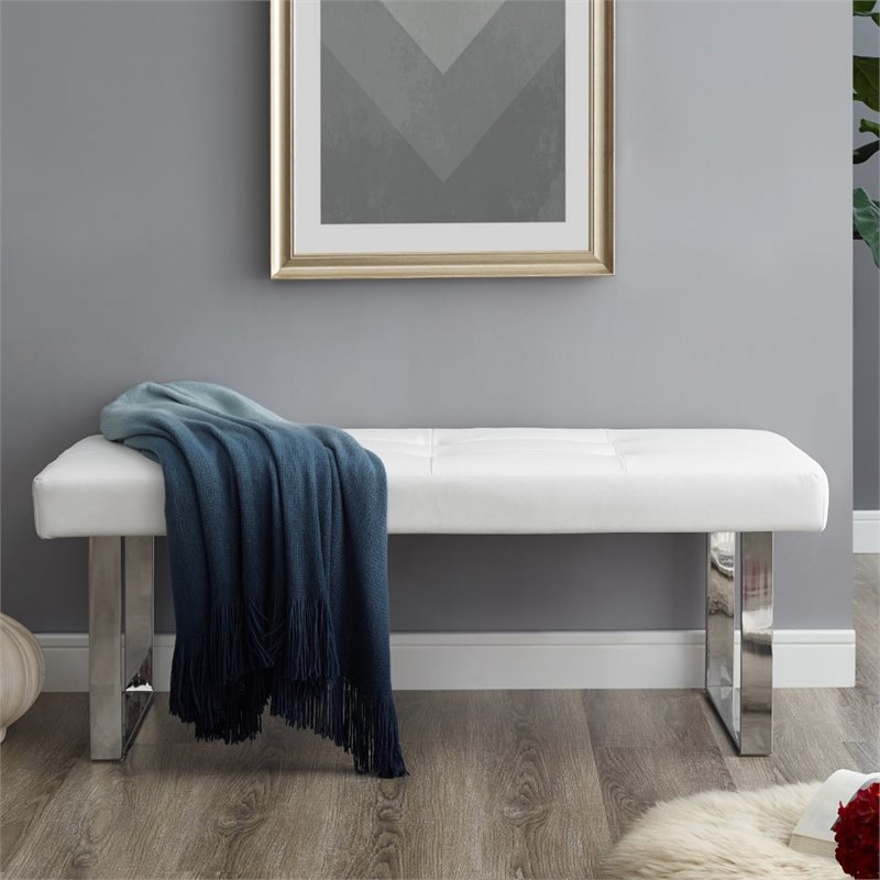 Posh Living Myles Faux Leather Bench with Stainless Steel Legs in White/Chrome