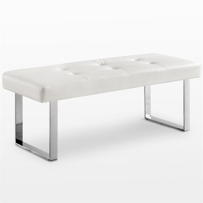 Posh Living Myles Faux Leather Bench with Stainless Steel Legs in White/Chrome