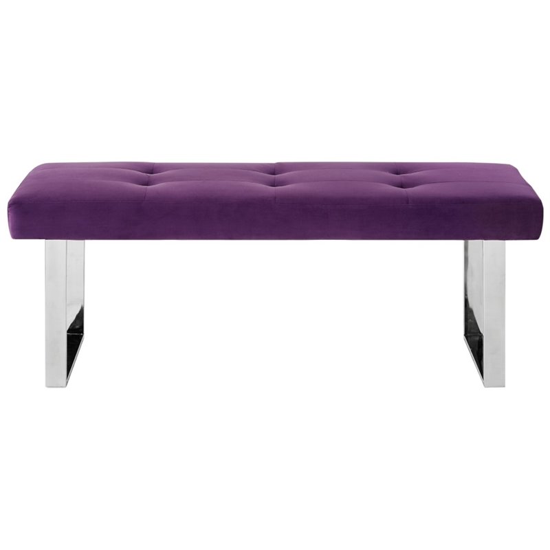 Posh Living Myles Tufted Velvet Bench with Stainless Steel Legs in Purple/Chrome