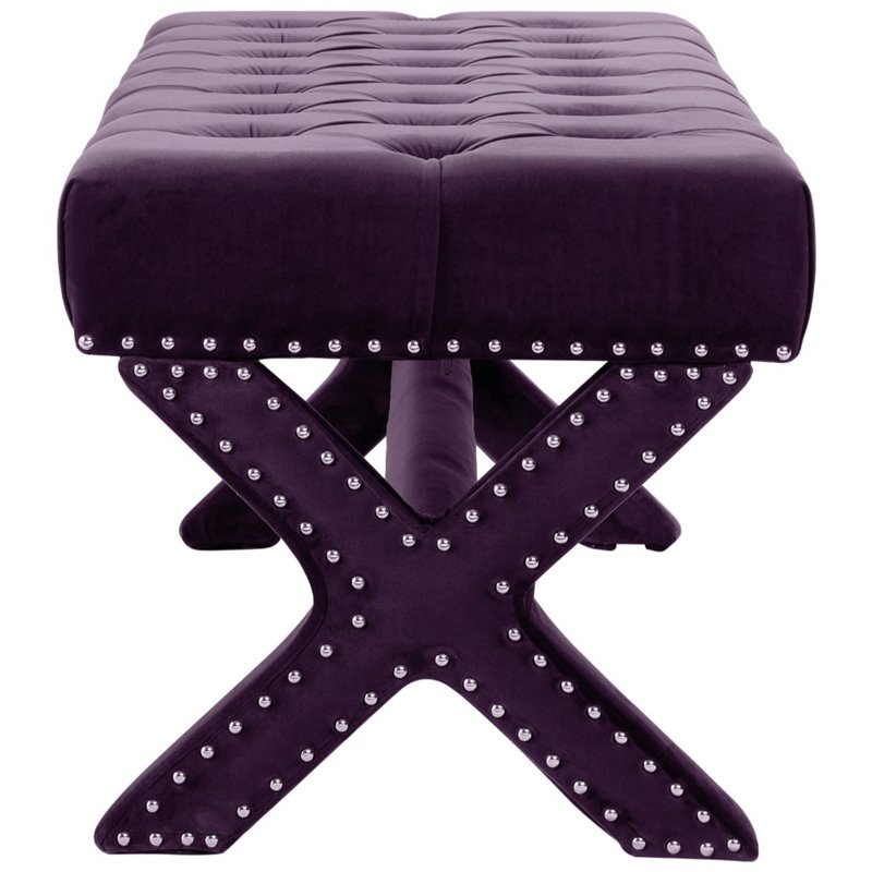 Posh Living Kennedy Tufted Velvet Bench with Nailhead Trim in Purple
