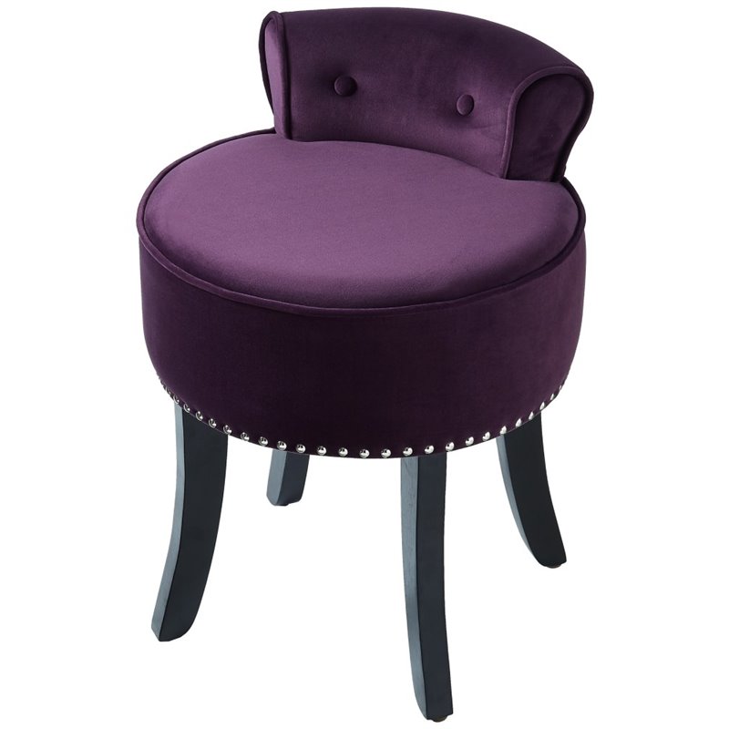 Posh Living Alena Tufted Velvet Vanity Stool with Nailhead Trim in Plum