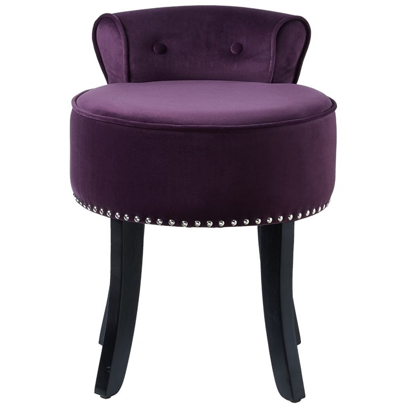 Posh Living Alena Tufted Velvet Vanity Stool with Nailhead Trim in Plum