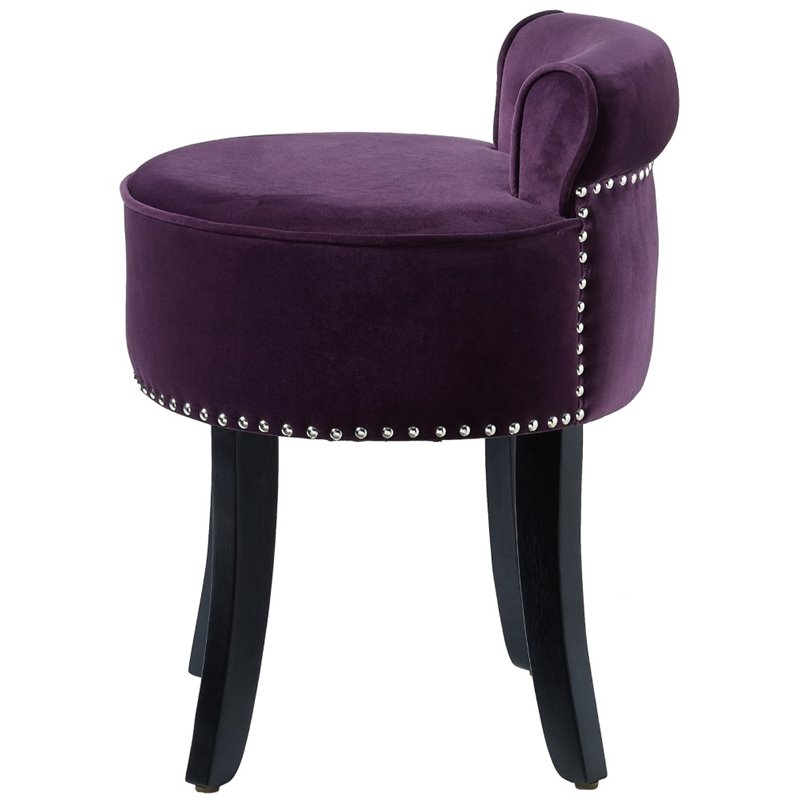 Posh Living Alena Tufted Velvet Vanity Stool with Nailhead Trim in Plum