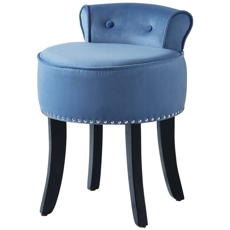 Posh Living Alena Tufted Velvet Vanity Stool with Nailhead Trim in Blue
