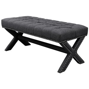 Posh Living Kennedy Tufted Linen Fabric Bench with Nailhead Trim in Dark Gray