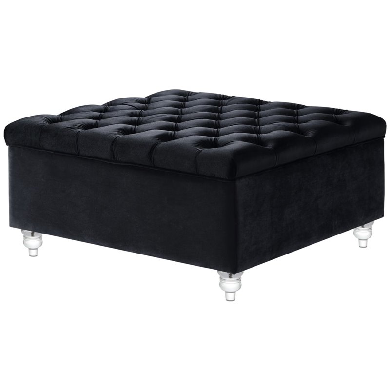 Posh Living Joshua Velvet Square Storage Ottoman with Lucite Legs in Black