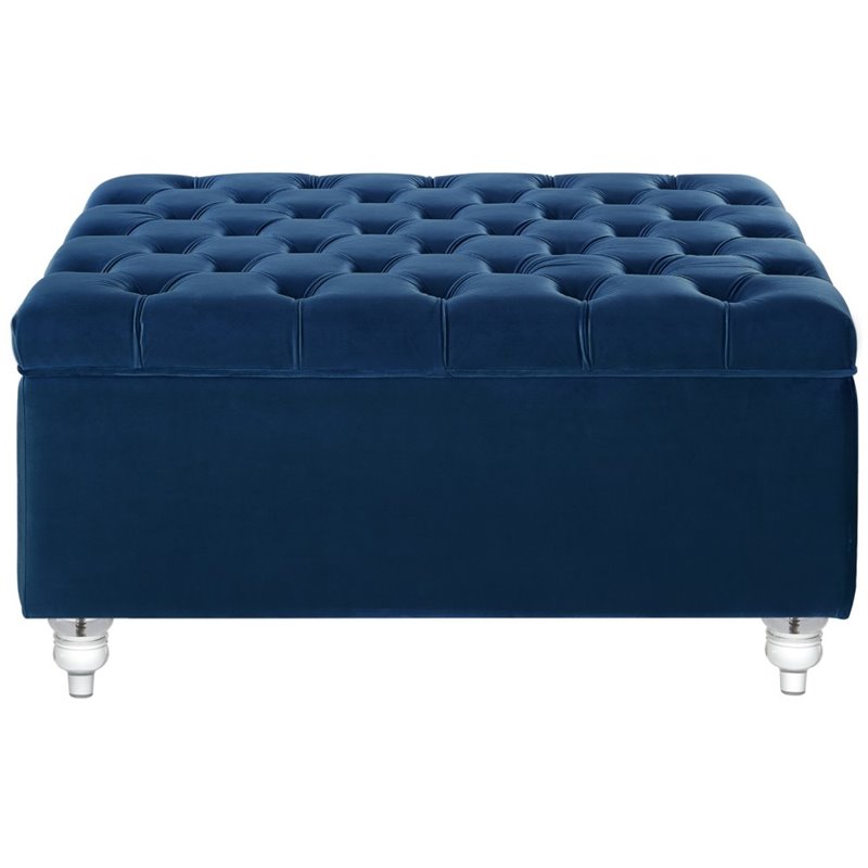 Posh Living Joshua Velvet Square Storage Ottoman with Lucite Legs in Blue