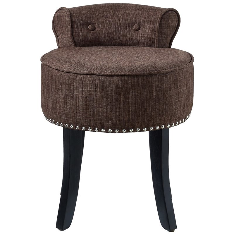 Posh Alena Tufted Linen Fabric Vanity Stool with Nailhead Trim in Brown