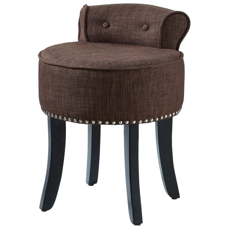 Posh Alena Tufted Linen Fabric Vanity Stool with Nailhead Trim in Brown