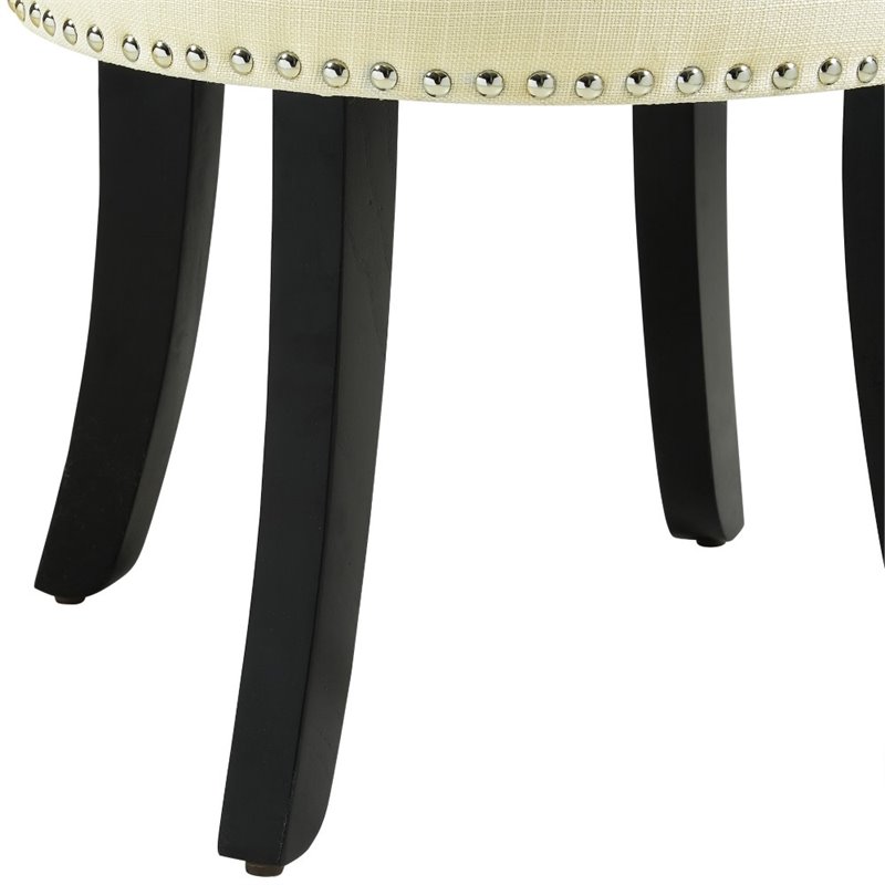 Posh Alena Tufted Linen Fabric Vanity Stool with Nailhead Trim in Cream/White