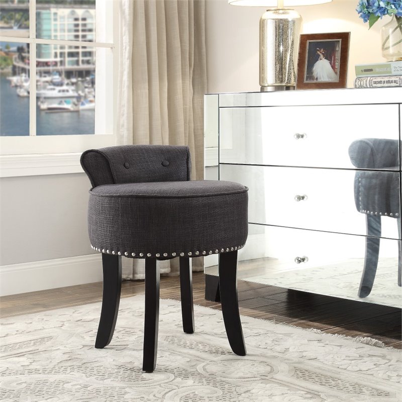 Posh Alena Tufted Linen Fabric Vanity Stool with Nailhead Trim in Dark Gray