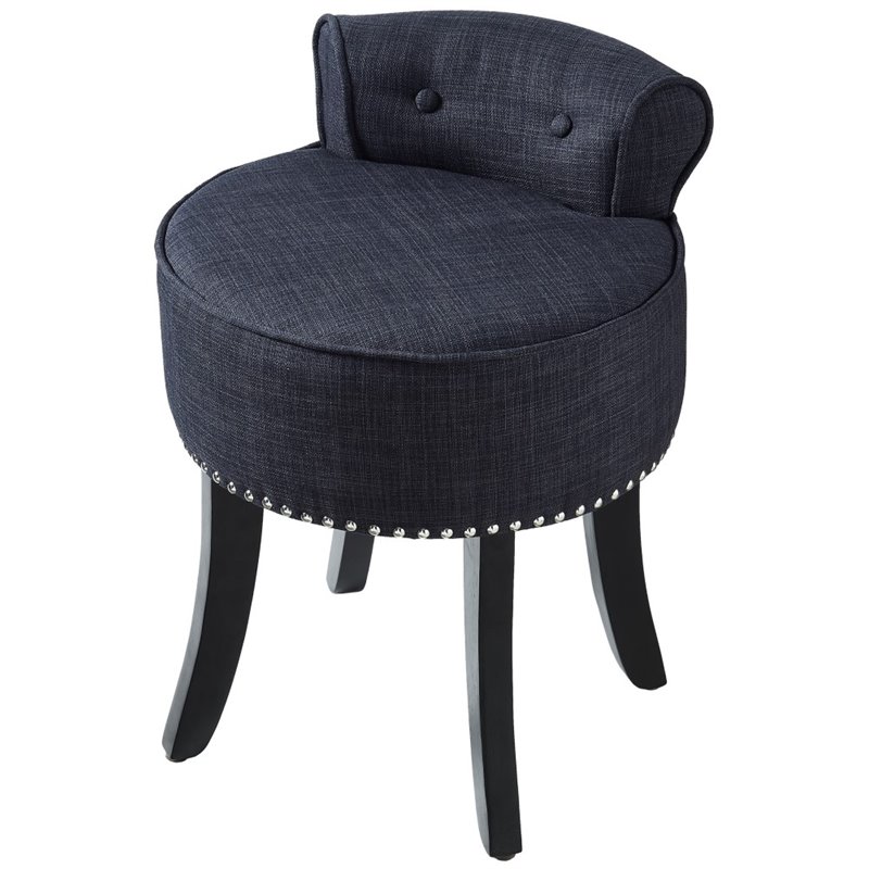 Posh Alena Tufted Linen Fabric Vanity Stool with Nailhead Trim in Dark Gray