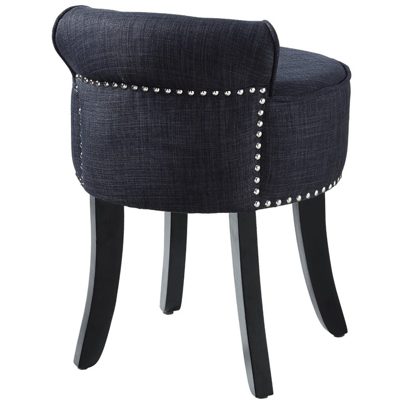 Posh Alena Tufted Linen Fabric Vanity Stool with Nailhead Trim in Dark Gray