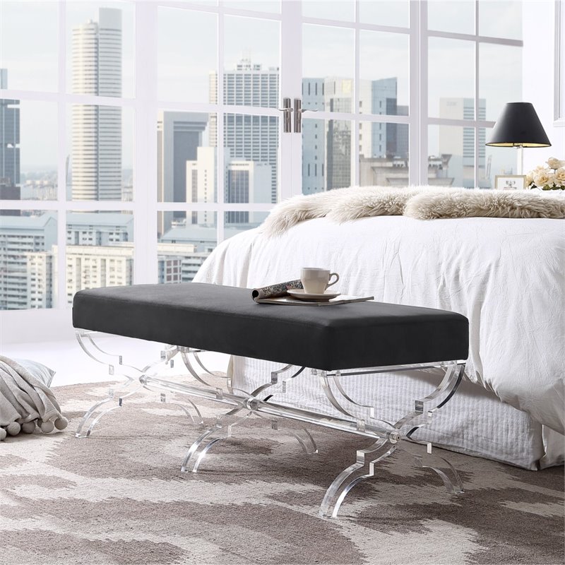 Posh Living Brayden Velvet Upholstered Bench with Acrylic X-Legs in Black