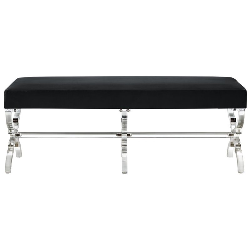 Posh Living Brayden Velvet Upholstered Bench with Acrylic X-Legs in Black