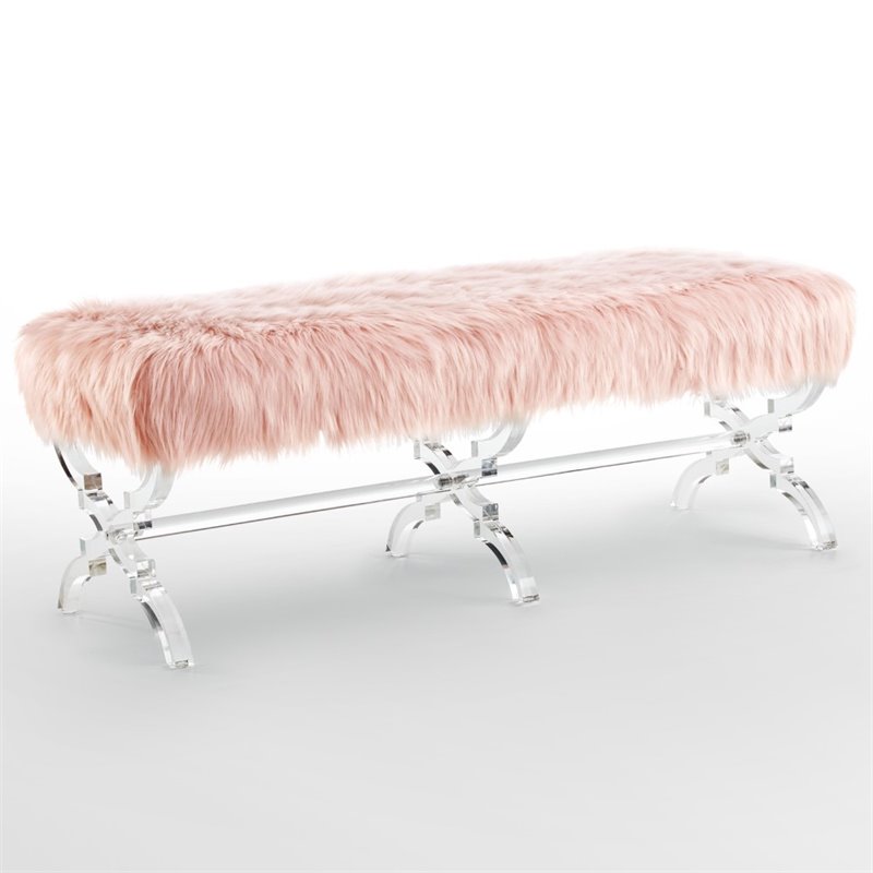 Posh Living Brayden Faux Fur Fabric Upholstered Bench with Acrylic X-Legs Pink