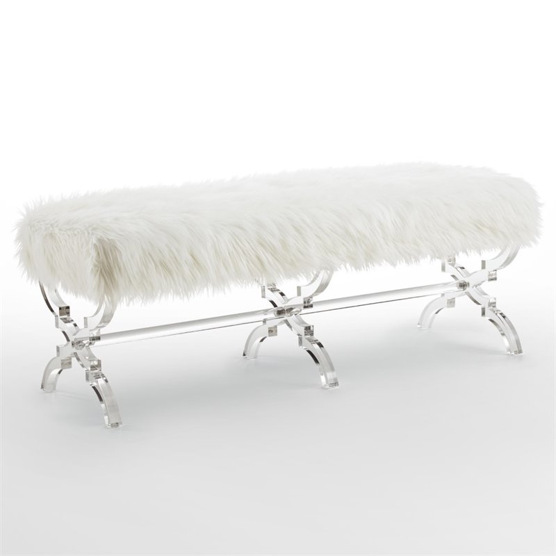 Posh Living Brayden Faux Fur Fabric Upholstered Bench with Acrylic X-Legs Cream