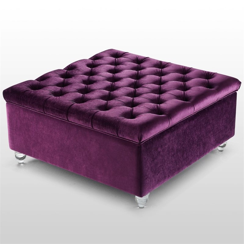 Posh Living Joshua Velvet Square Storage Ottoman with Lucite Legs in Purple