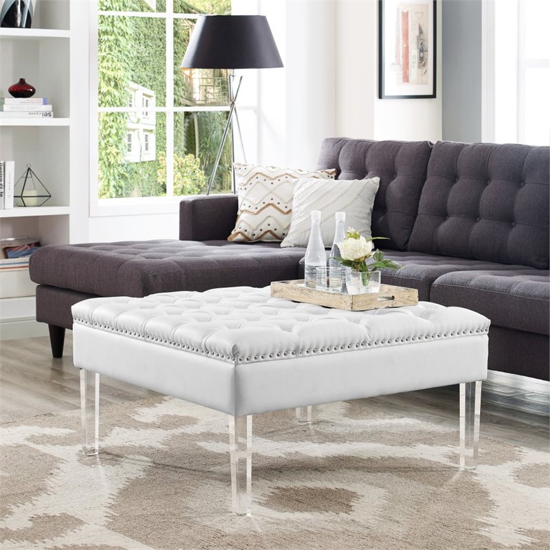 Posh Luke Tufted Faux Leather Oversized Ottoman with Acrylic Legs in White