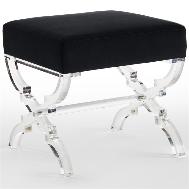 Posh Living Brayden Velvet Upholstered Ottoman with Acrylic X-Legs in Black