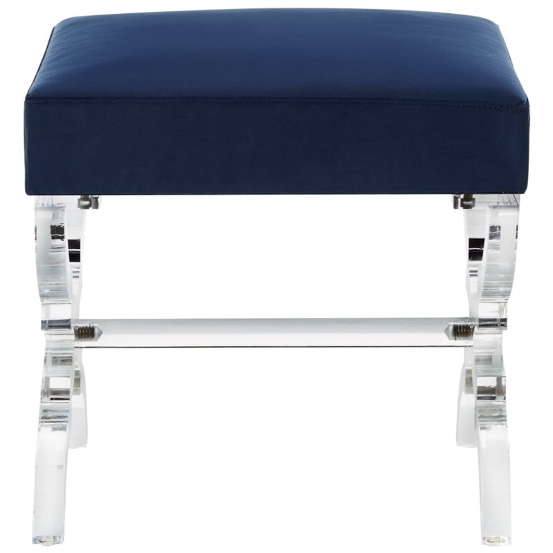 Posh Living Brayden Velvet Upholstered Ottoman with Acrylic X-Legs in Navy