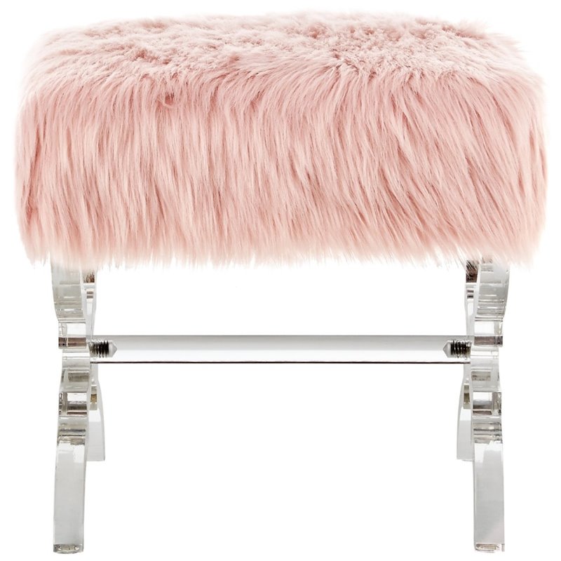 Posh Living Brayden Modern Faux Fur Fabric Ottoman with Acrylic X-Legs in Rose
