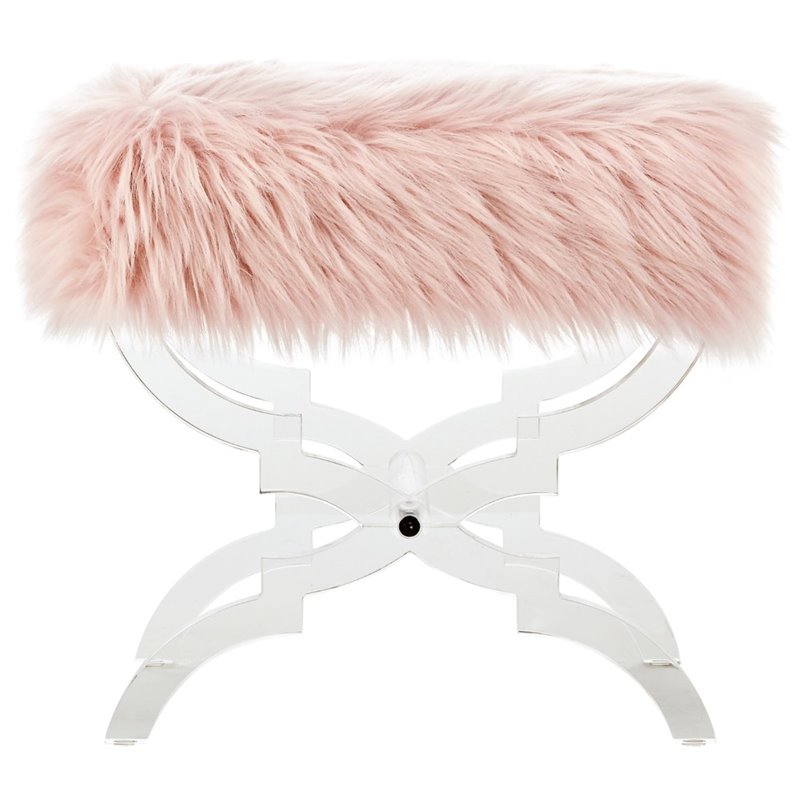 Posh Living Brayden Modern Faux Fur Fabric Ottoman with Acrylic X-Legs in Rose
