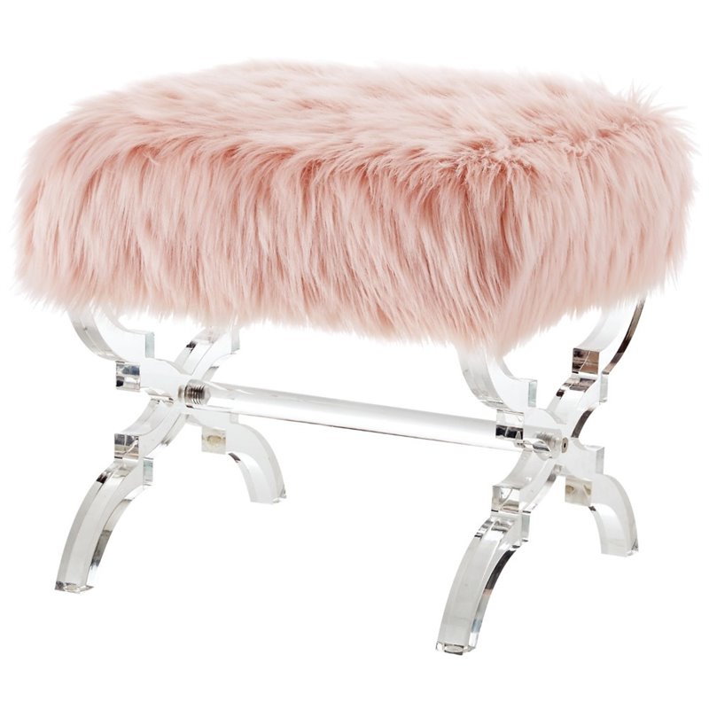 Posh Living Brayden Modern Faux Fur Fabric Ottoman with Acrylic X-Legs in Rose