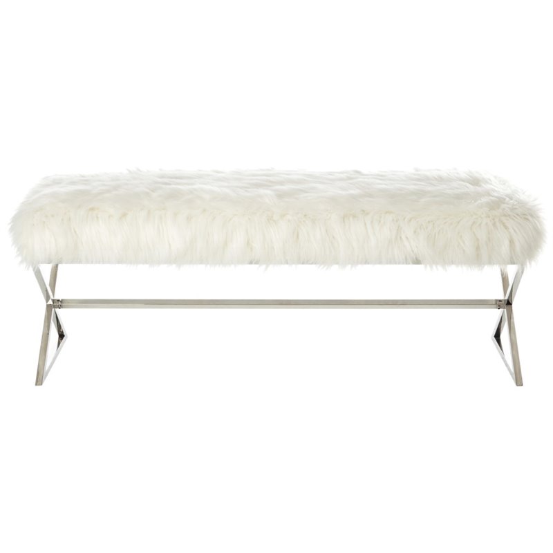 Posh Colin Fur Fabric Upholstered Bench with Stainless Steel Legs - White/Chrome