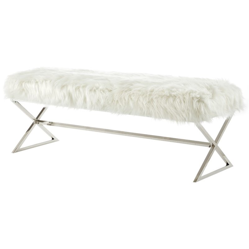 Posh Colin Fur Fabric Upholstered Bench with Stainless Steel Legs - White/Chrome