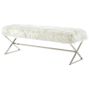 Posh Colin Fur Fabric Upholstered Bench with Stainless Steel Legs - White/Chrome