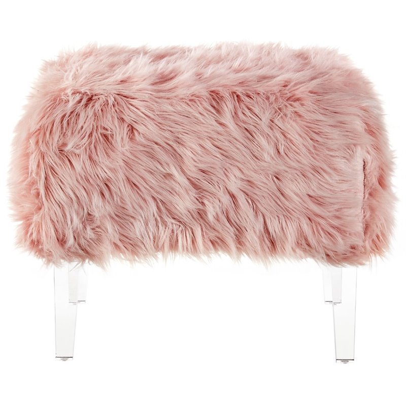 Posh Living Charlie Modern Faux Fur Fabric Ottoman with Acrylic Legs in Pink