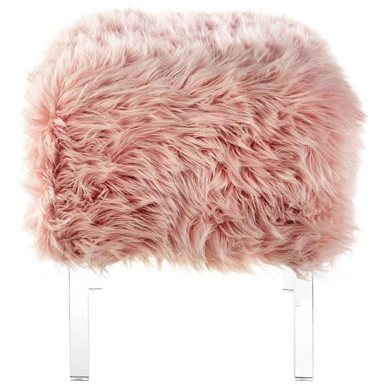 Posh Living Charlie Modern Faux Fur Fabric Ottoman with Acrylic Legs in Pink
