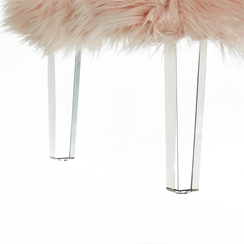Posh Living Charlie Modern Faux Fur Fabric Ottoman with Acrylic Legs in Pink