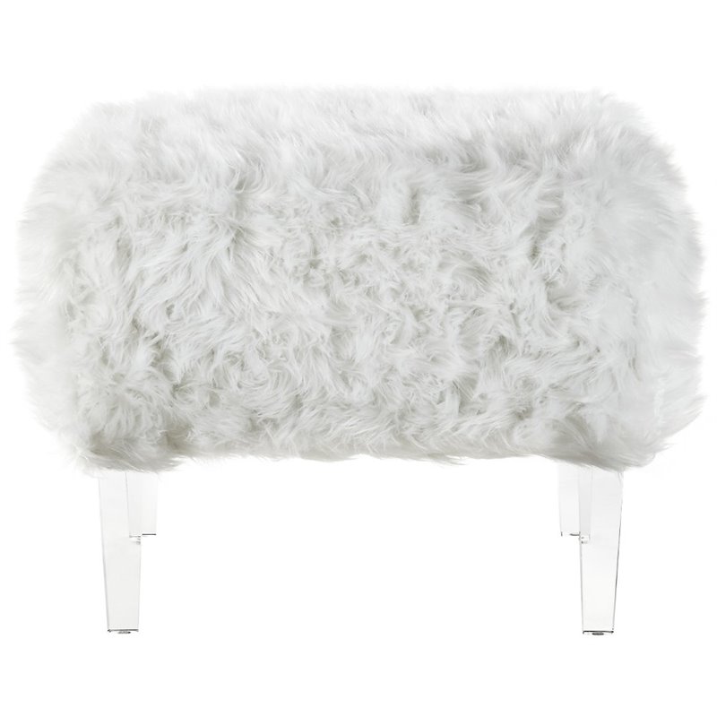 Posh Living Charlie Modern Faux Fur Fabric Ottoman with Acrylic Legs in White