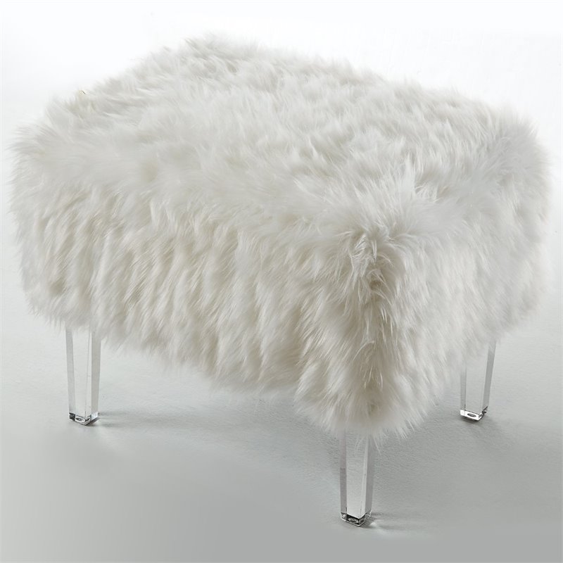 Posh Living Charlie Modern Faux Fur Fabric Ottoman with Acrylic Legs in White