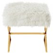 Posh Colin Faux Fur Fabric Ottoman with Stainless Steel X-Legs in White/Gold