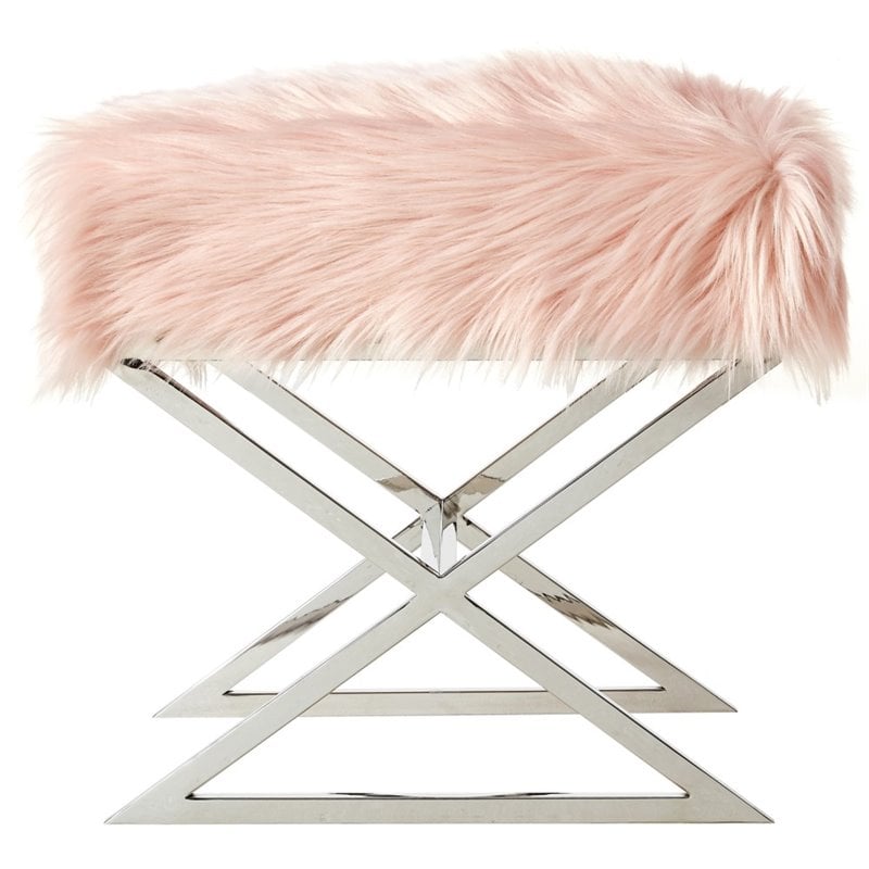Posh Colin Faux Fur Fabric Ottoman with Stainless Steel X-Legs in Rose/Chrome