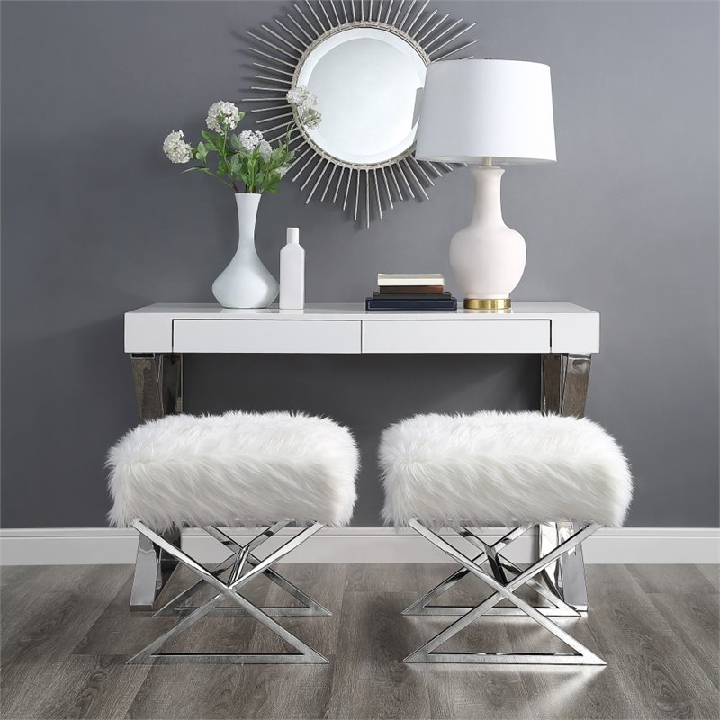 Posh Colin Faux Fur Fabric Ottoman with Stainless Steel X-Legs in White/Chrome