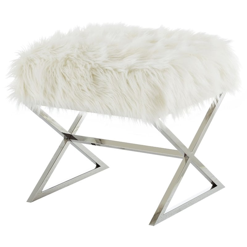 Posh Colin Faux Fur Fabric Ottoman with Stainless Steel X-Legs in White/Chrome