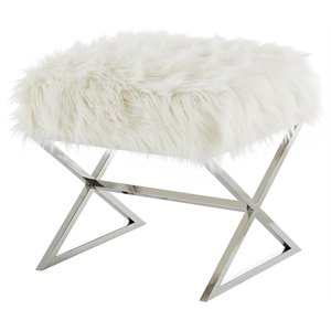Posh Colin Faux Fur Fabric Ottoman with Stainless Steel X-Legs in White/Chrome