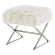 Posh Colin Faux Fur Fabric Ottoman with Stainless Steel X-Legs in White/Chrome