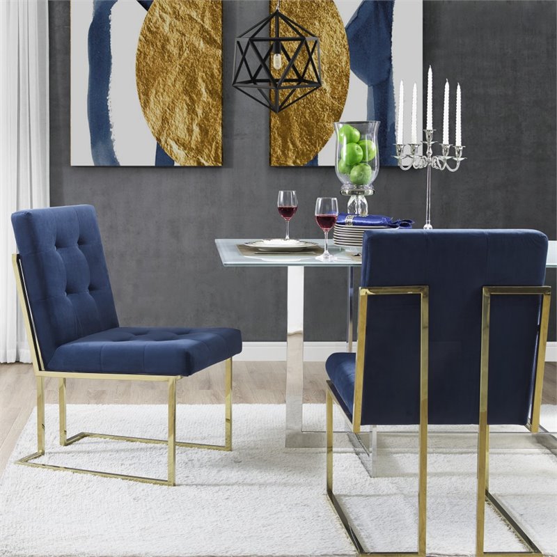 Posh Living Evan Velvet Dining Side Chair in Navy Blue/Chrome (Set of 2)